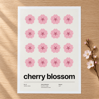 Close view of the Swiss style cherry blossom print on smooth matte paper