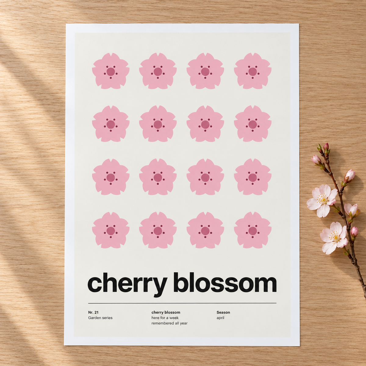 Close view of the Swiss style cherry blossom print on smooth matte paper