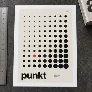 Close view of the Swiss style dot print with one red dot on smooth matte paper