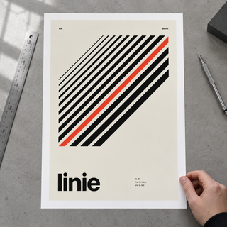 Close view of the Swiss style line typography print on smooth matte paper