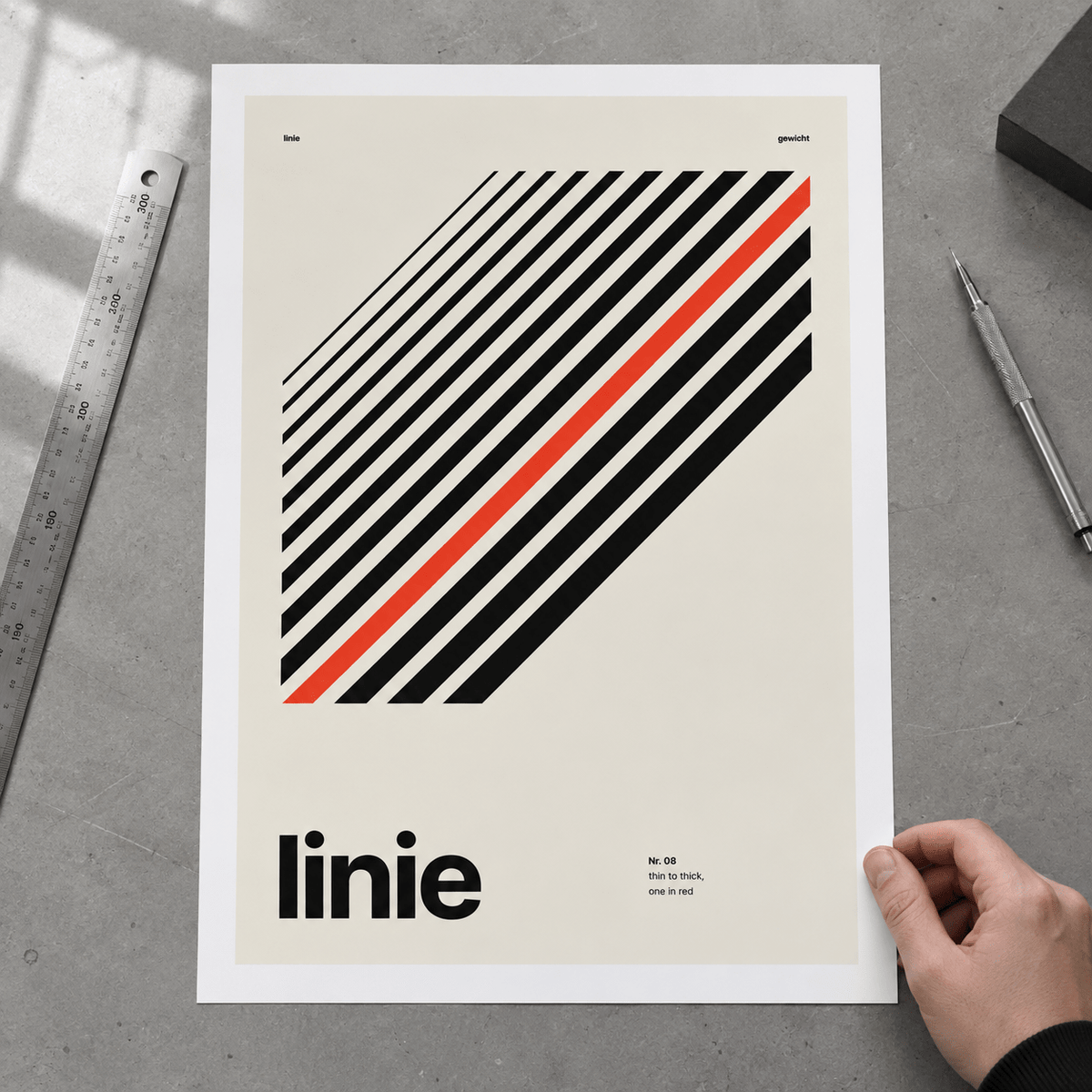 Close view of the Swiss style line typography print on smooth matte paper