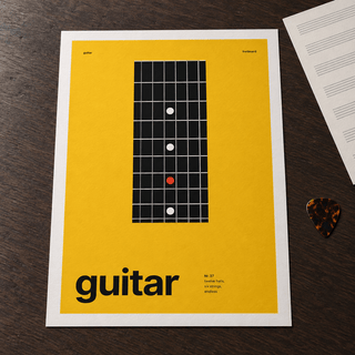 Close view of the Swiss style guitar print on smooth matte paper