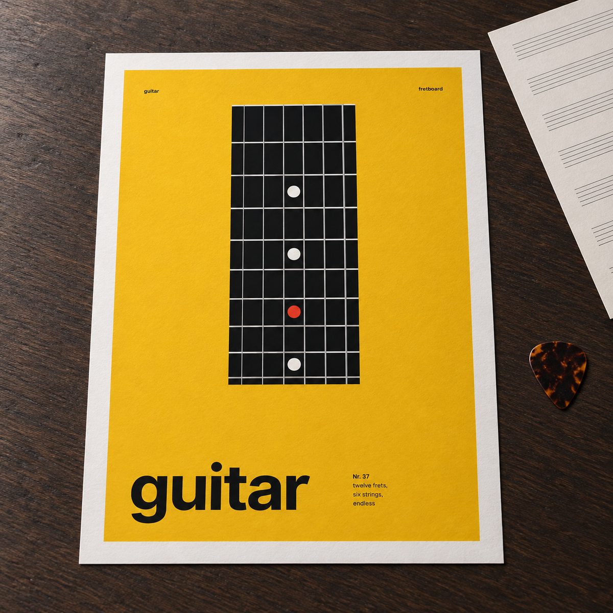 Close view of the Swiss style guitar print on smooth matte paper