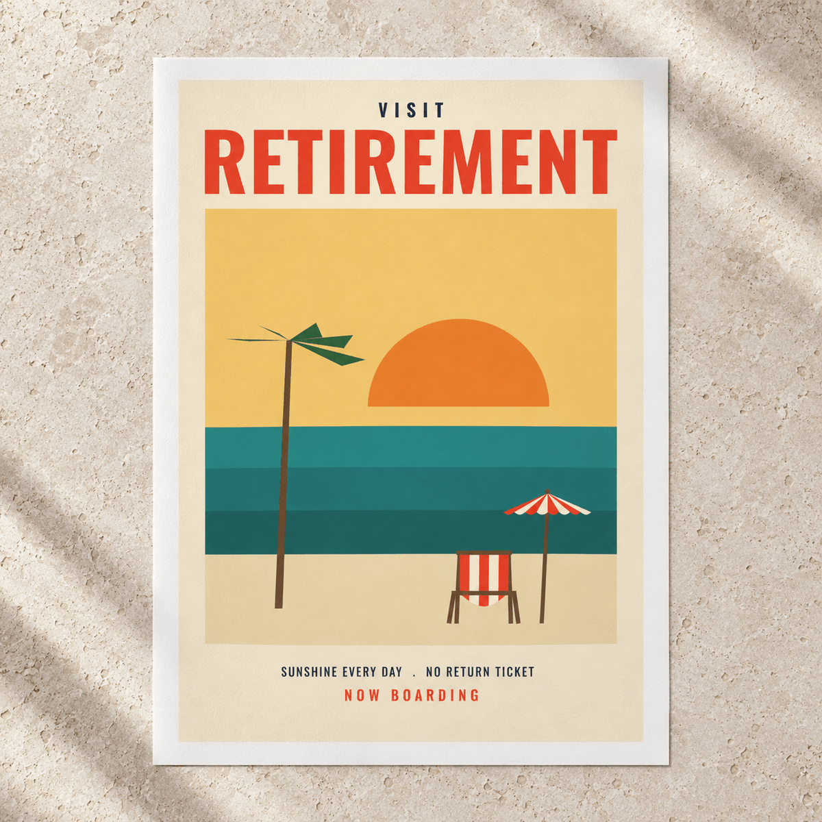 Close view of the retro retirement destination print on smooth matte paper