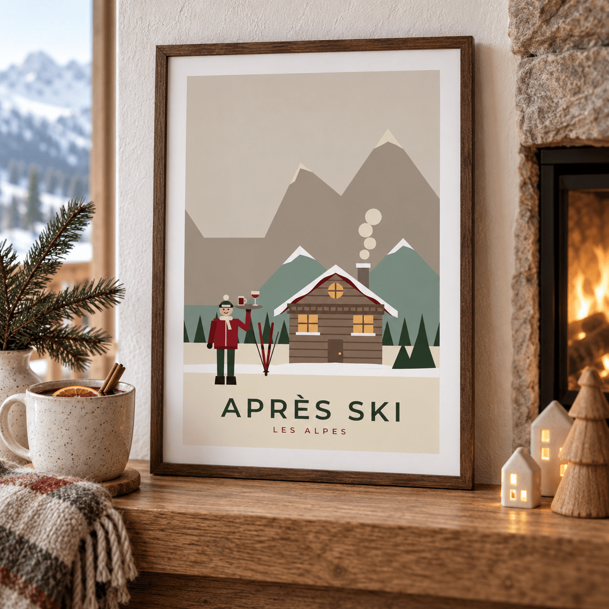 Close view of the Les Alpes chalet print with festive styling