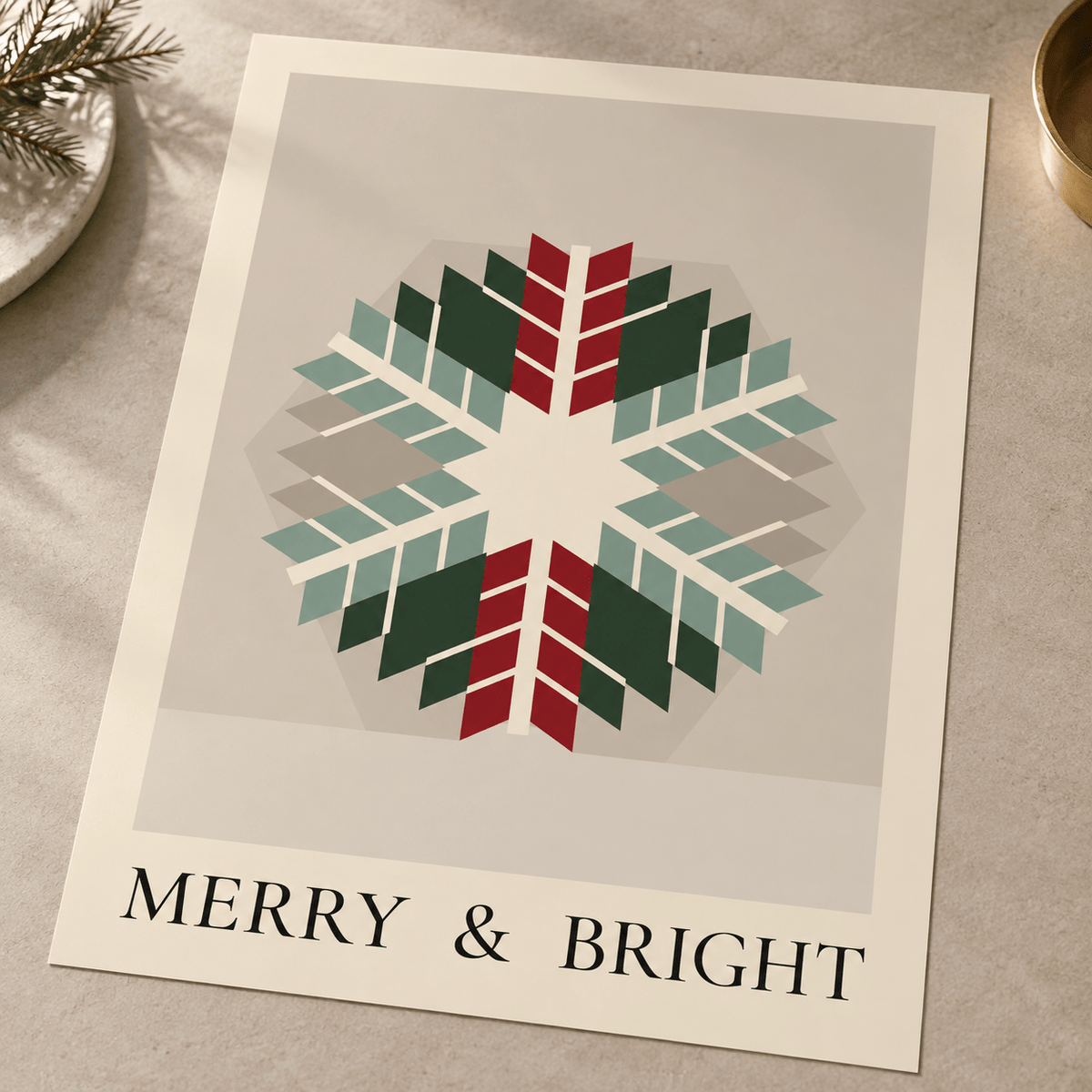 Close view of the Scandi quilt snowflake print showing the paper texture and lettering