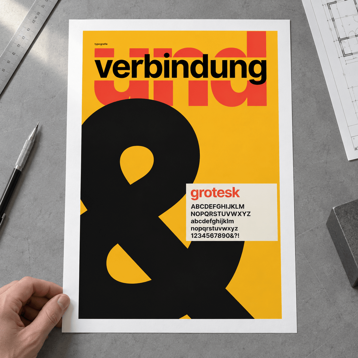 Close view of the Swiss style ampersand typography print on smooth matte paper