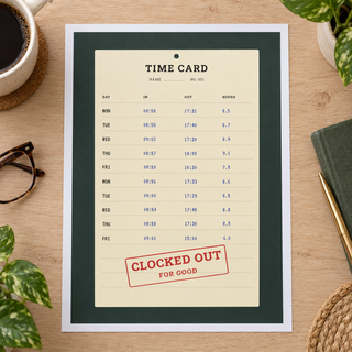 Close view of the clocked out for good print on smooth matte paper