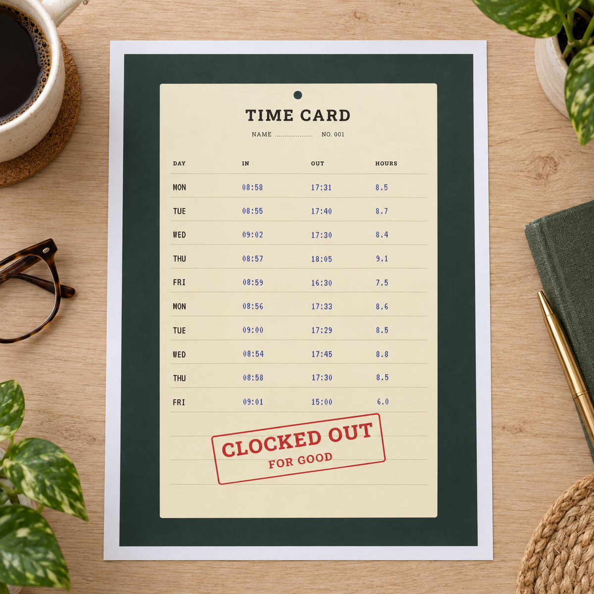 Close view of the clocked out for good print on smooth matte paper