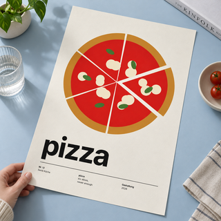 Close view of the Swiss style pizza typography print on smooth matte paper