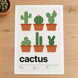 Close view of the Swiss style cactus print on smooth matte paper