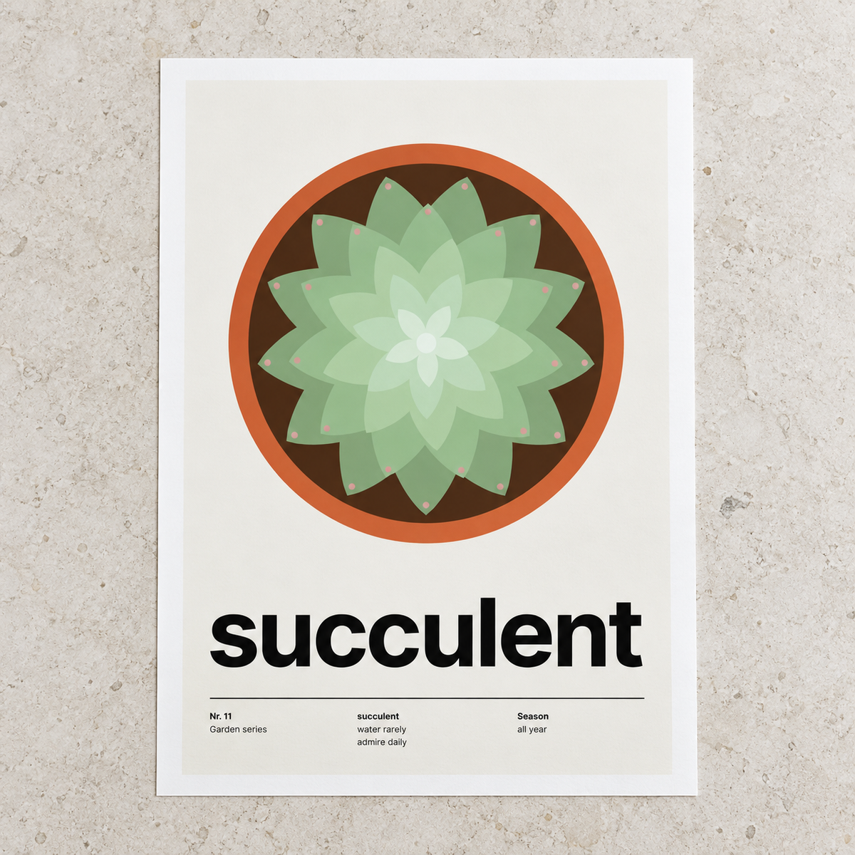 Close view of the Swiss style succulent print on smooth matte paper