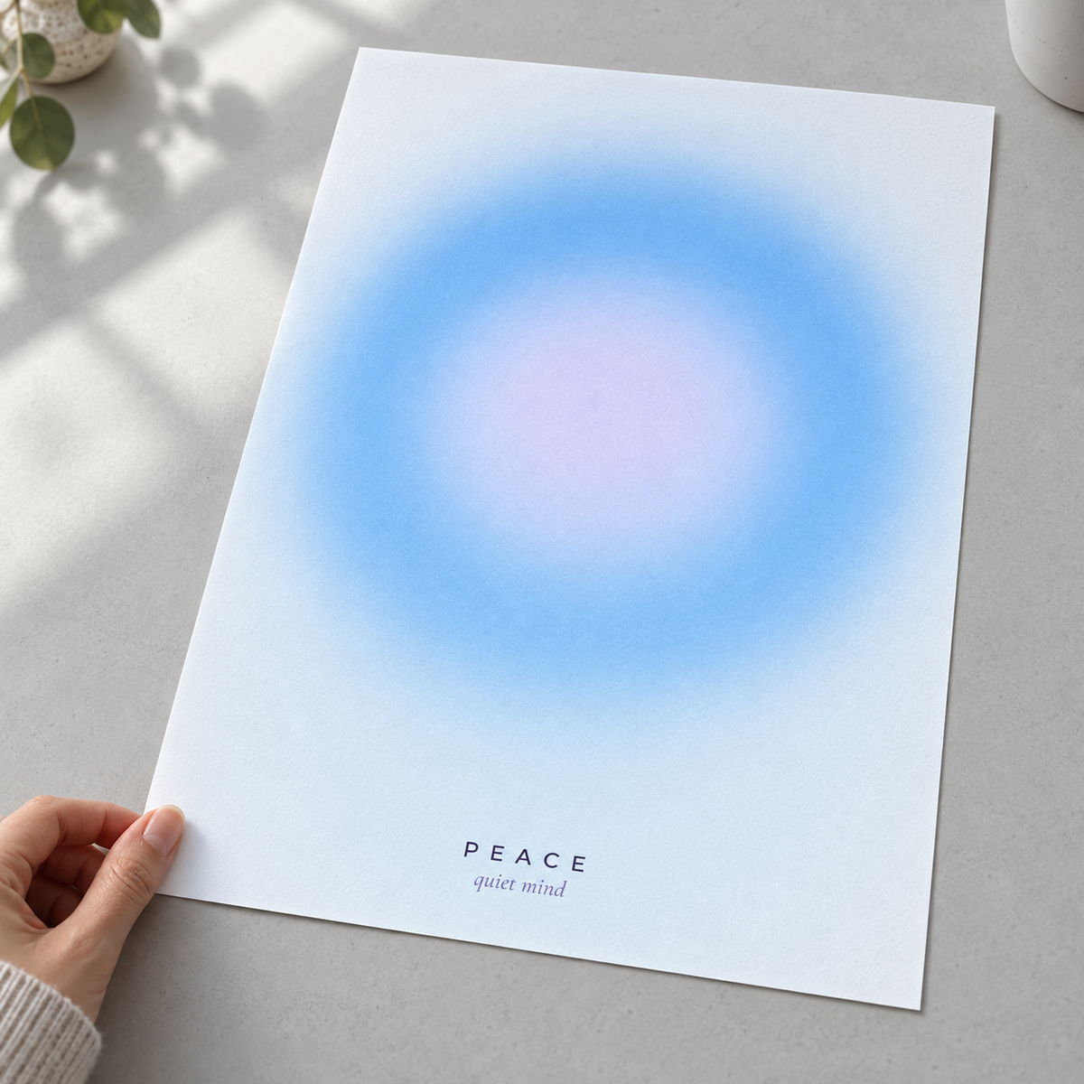 Close view of the blue and lavender gradient print on smooth matte paper
