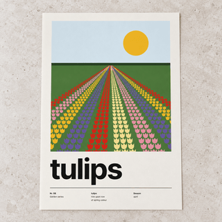 Close view of the Swiss style tulip landscape print on smooth matte paper