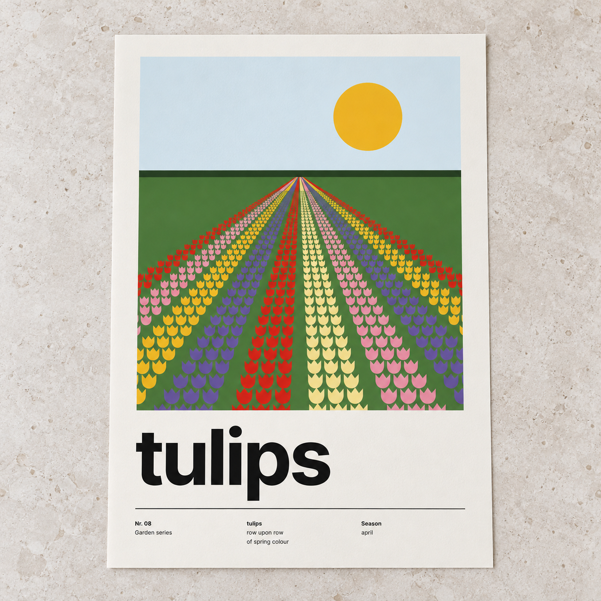 Close view of the Swiss style tulip landscape print on smooth matte paper