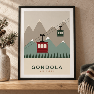 Close view of the Les Alpes gondola print with festive styling