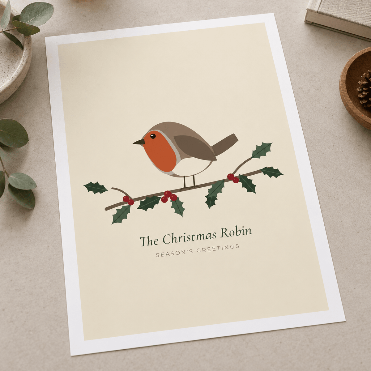 Close view of the festive garden bird print showing the paper texture and lettering