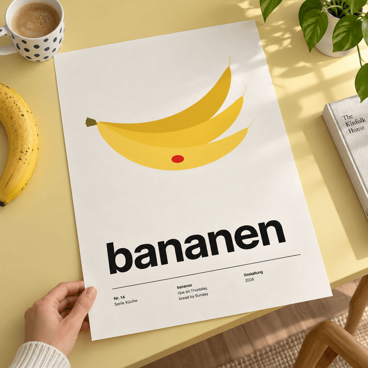 Close view of the Swiss style banana typography print on smooth matte paper