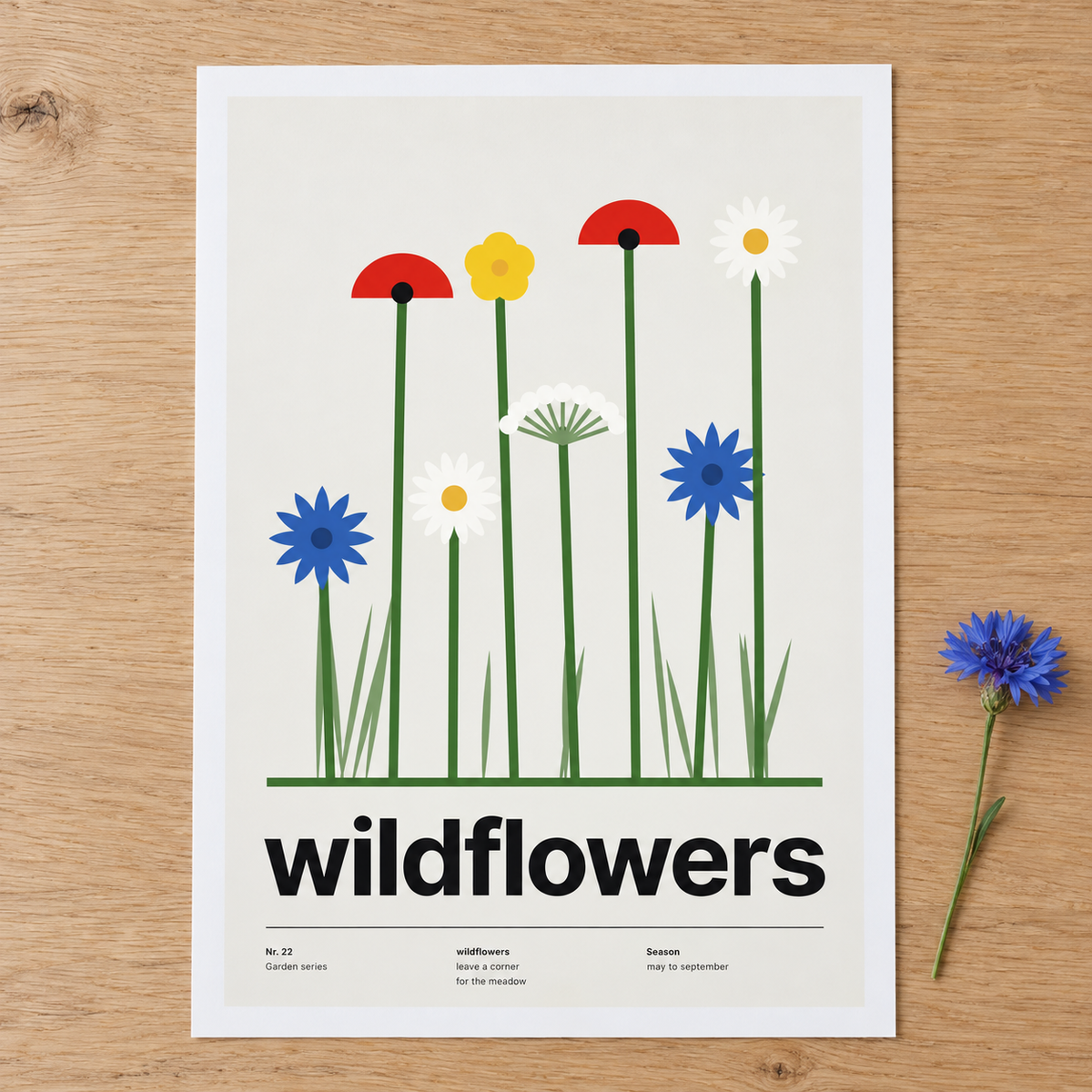 Close view of the Swiss style wildflower meadow print on smooth matte paper
