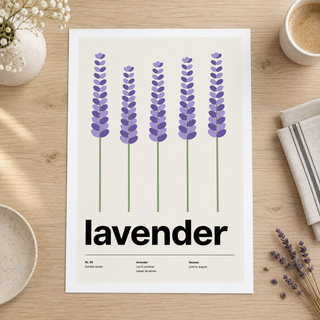 Close view of the Swiss style lavender print on smooth matte paper