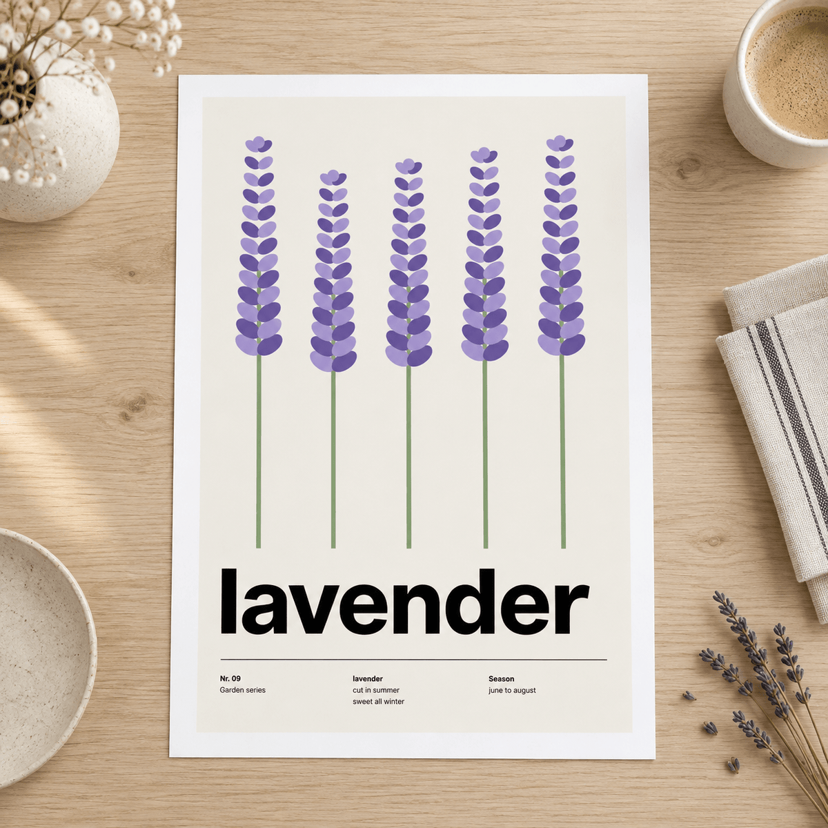 Close view of the Swiss style lavender print on smooth matte paper