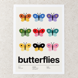 Close view of the Swiss style butterfly grid print on smooth matte paper