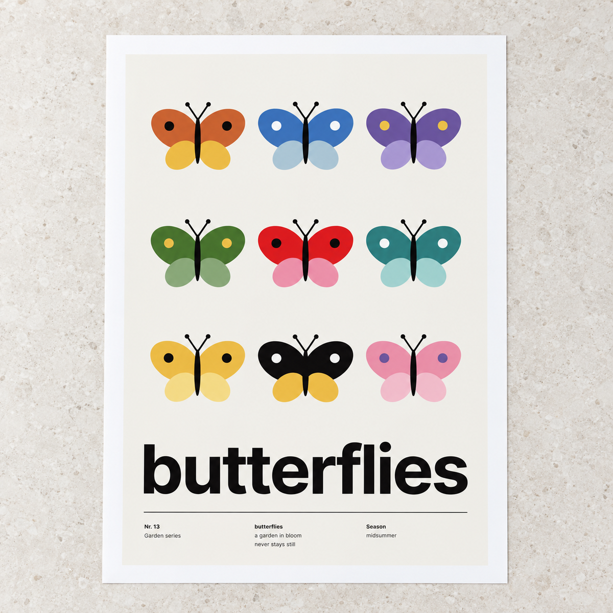 Close view of the Swiss style butterfly grid print on smooth matte paper