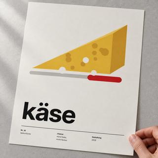 Close view of the Swiss style cheese typography print on smooth matte paper