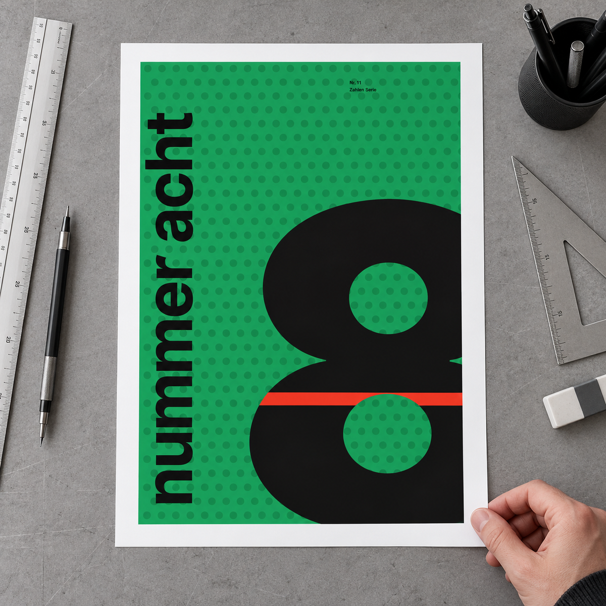 Close view of the Swiss style number poster on smooth matte paper