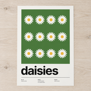 Close view of the Swiss style daisy print on smooth matte paper