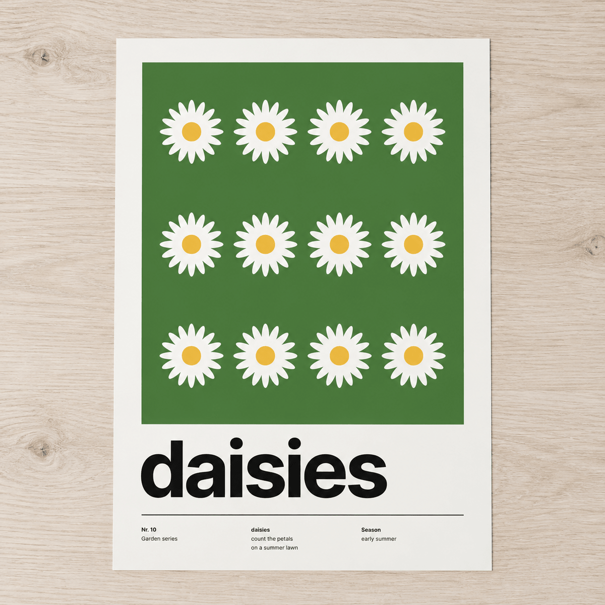 Close view of the Swiss style daisy print on smooth matte paper