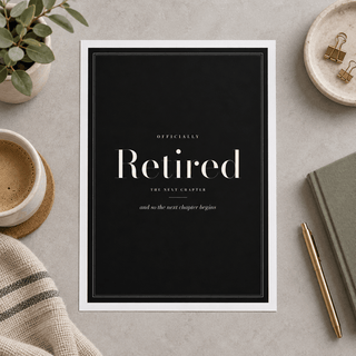Close view of the elegant retired typography print on smooth matte paper