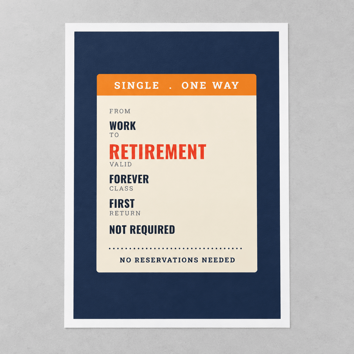 Close view of the navy and cream ticket print on smooth matte paper