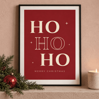 Close view of the festive red Santa laugh print with festive styling
