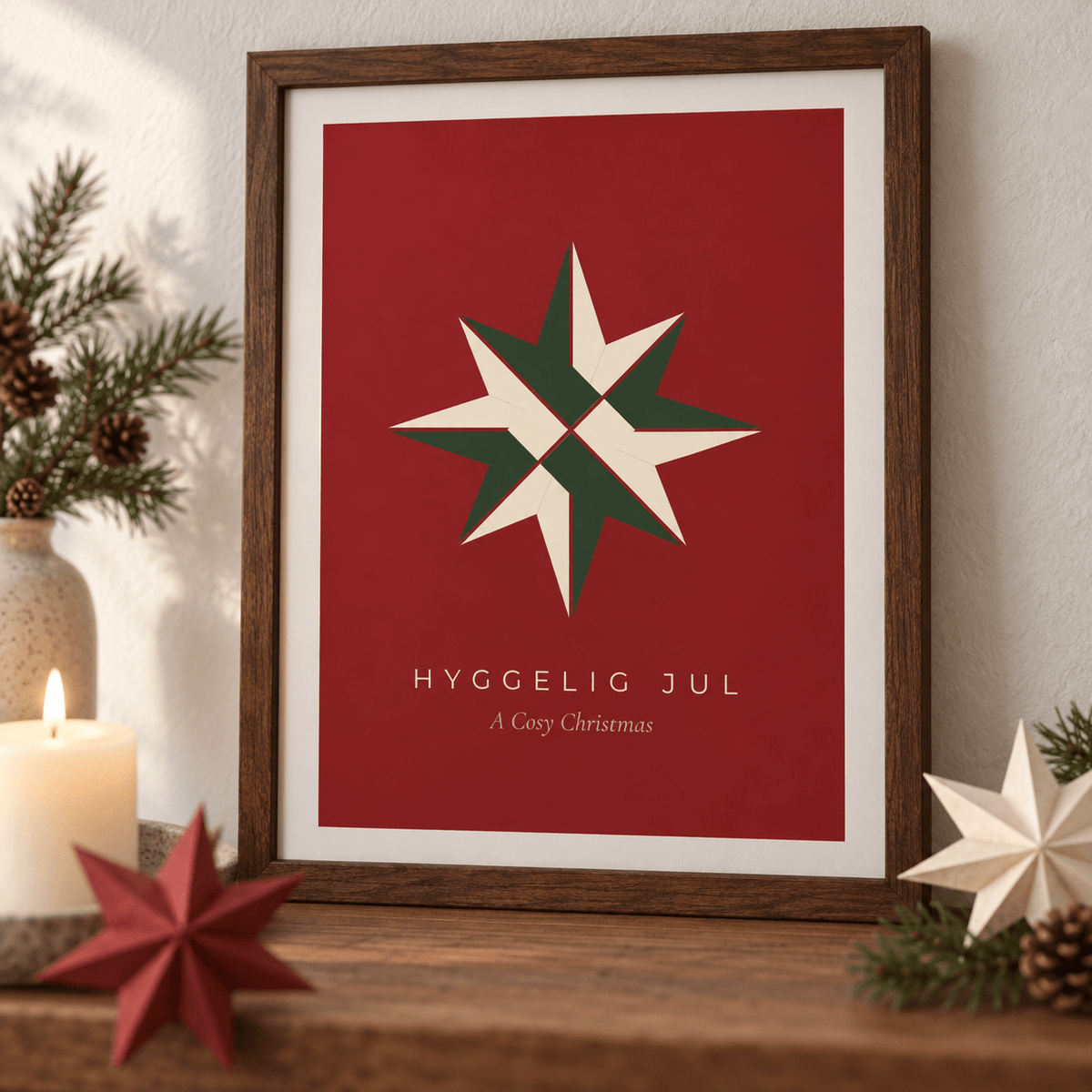 Close view of the red and green star print with festive styling