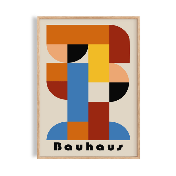 Abstract wall art geometric shapes poster in orange and navy for a modern living room