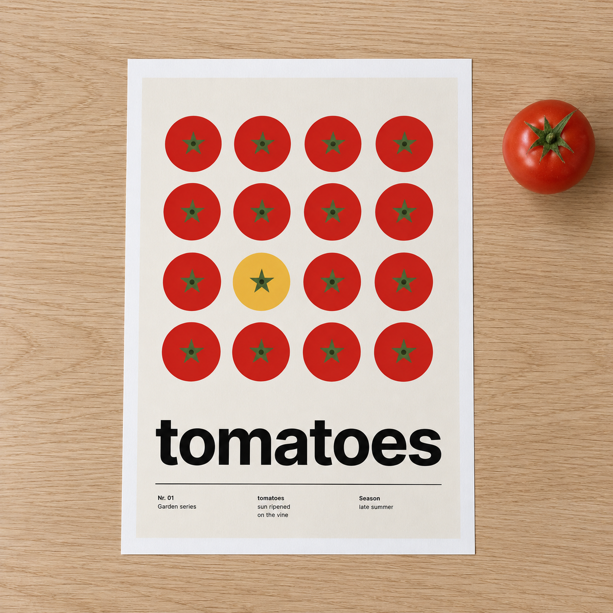 Close view of the one yellow tomato among red ones on smooth matte paper
