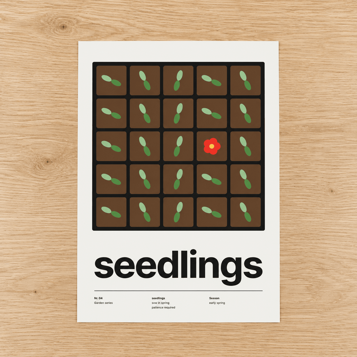 Close view of the Swiss style seedlings print on smooth matte paper