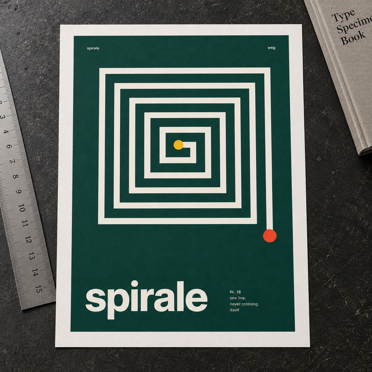 Close view of the Swiss style spiral print on smooth matte paper