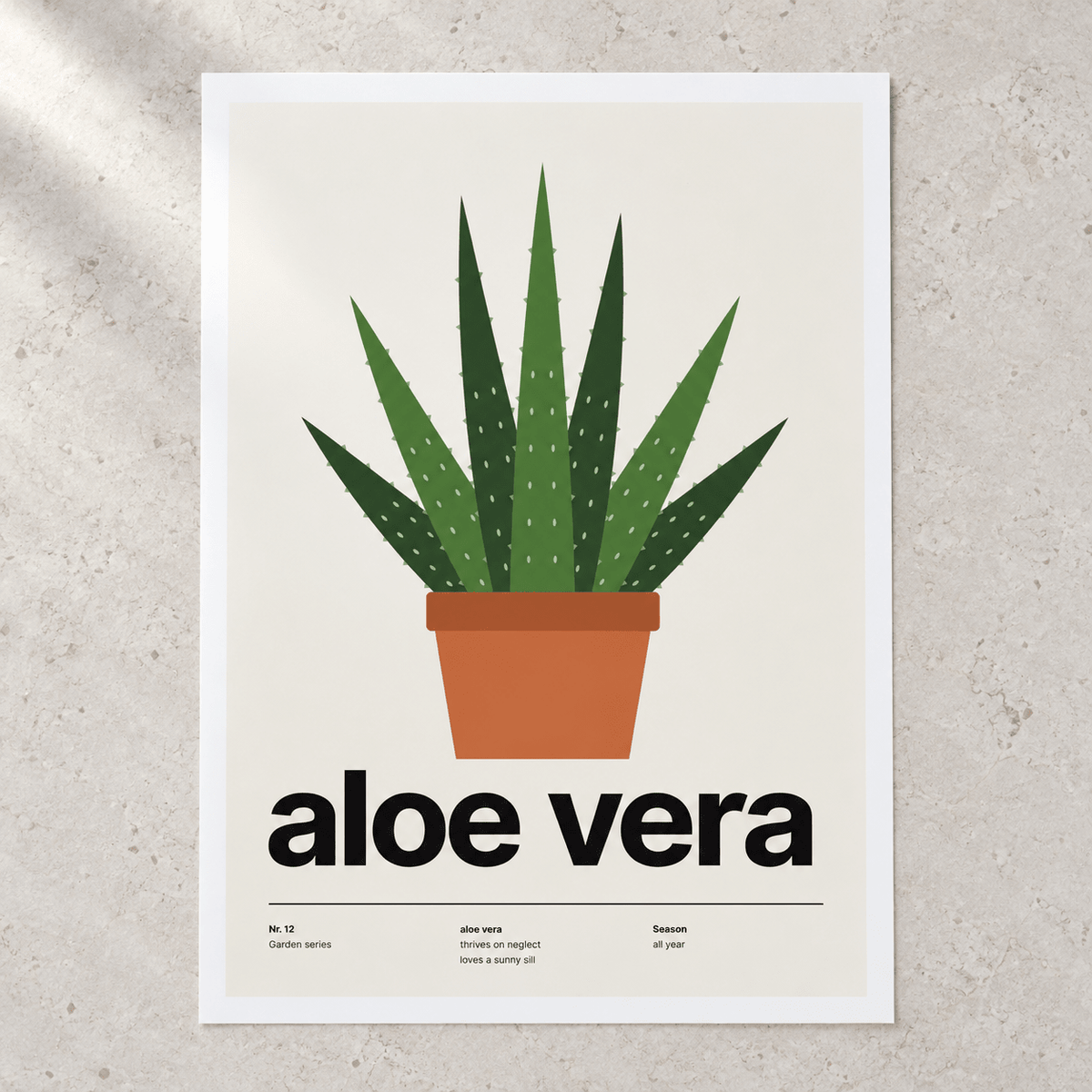 Close view of the Swiss style aloe print on smooth matte paper
