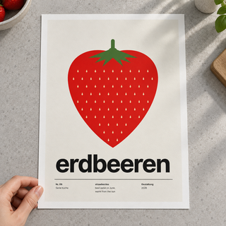 Close view of the Swiss style strawberry typography print on smooth matte paper