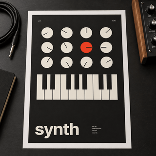 Close view of the Swiss style synthesiser print on smooth matte paper