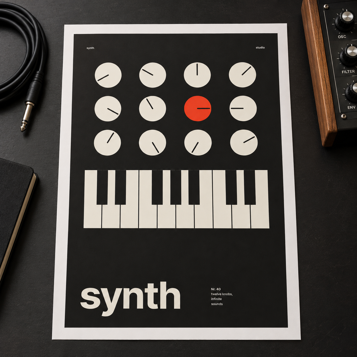 Close view of the Swiss style synthesiser print on smooth matte paper