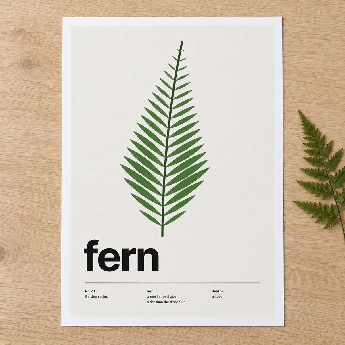 Close view of the Swiss style fern leaf print on smooth matte paper