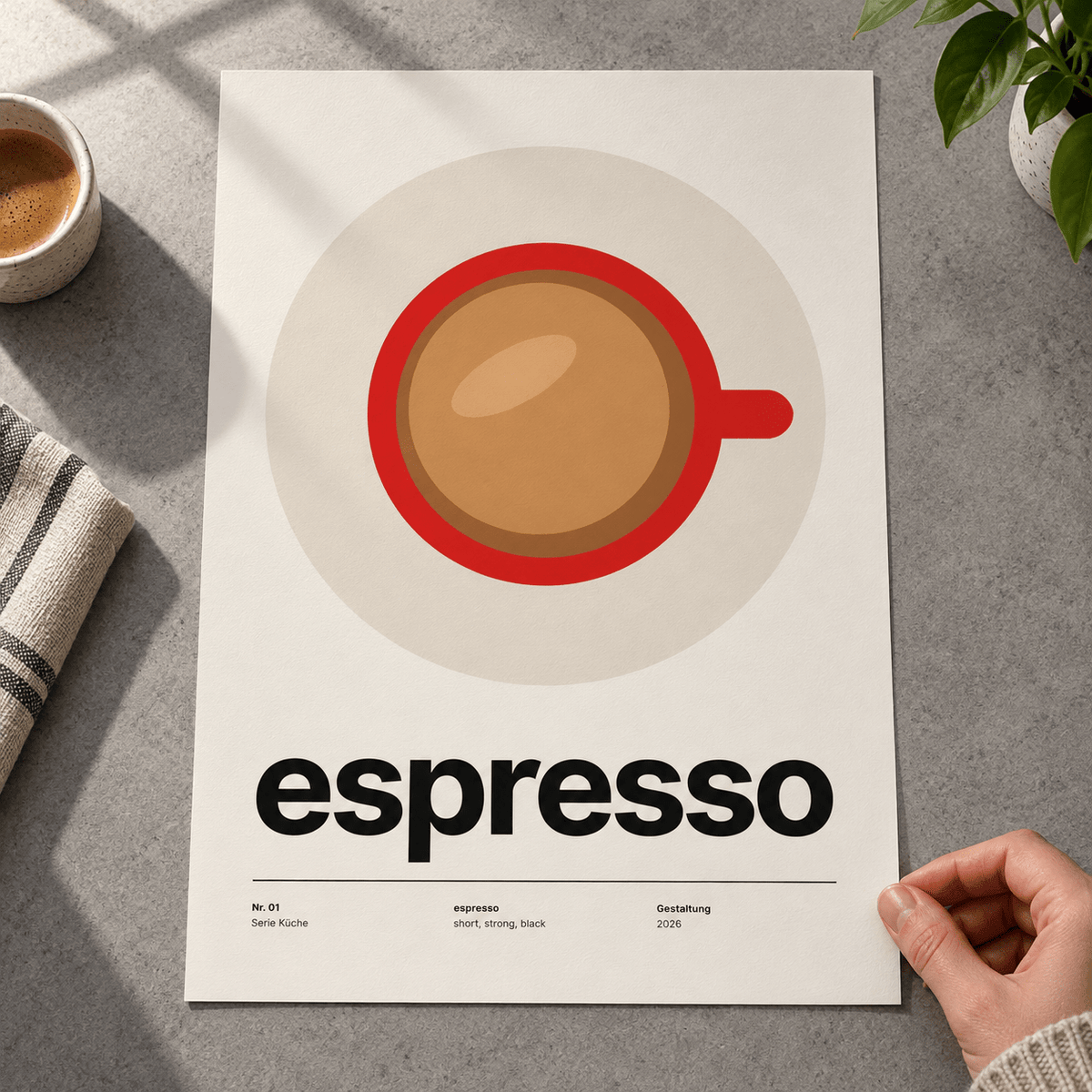 Close view of the Swiss style espresso typography print on smooth matte paper