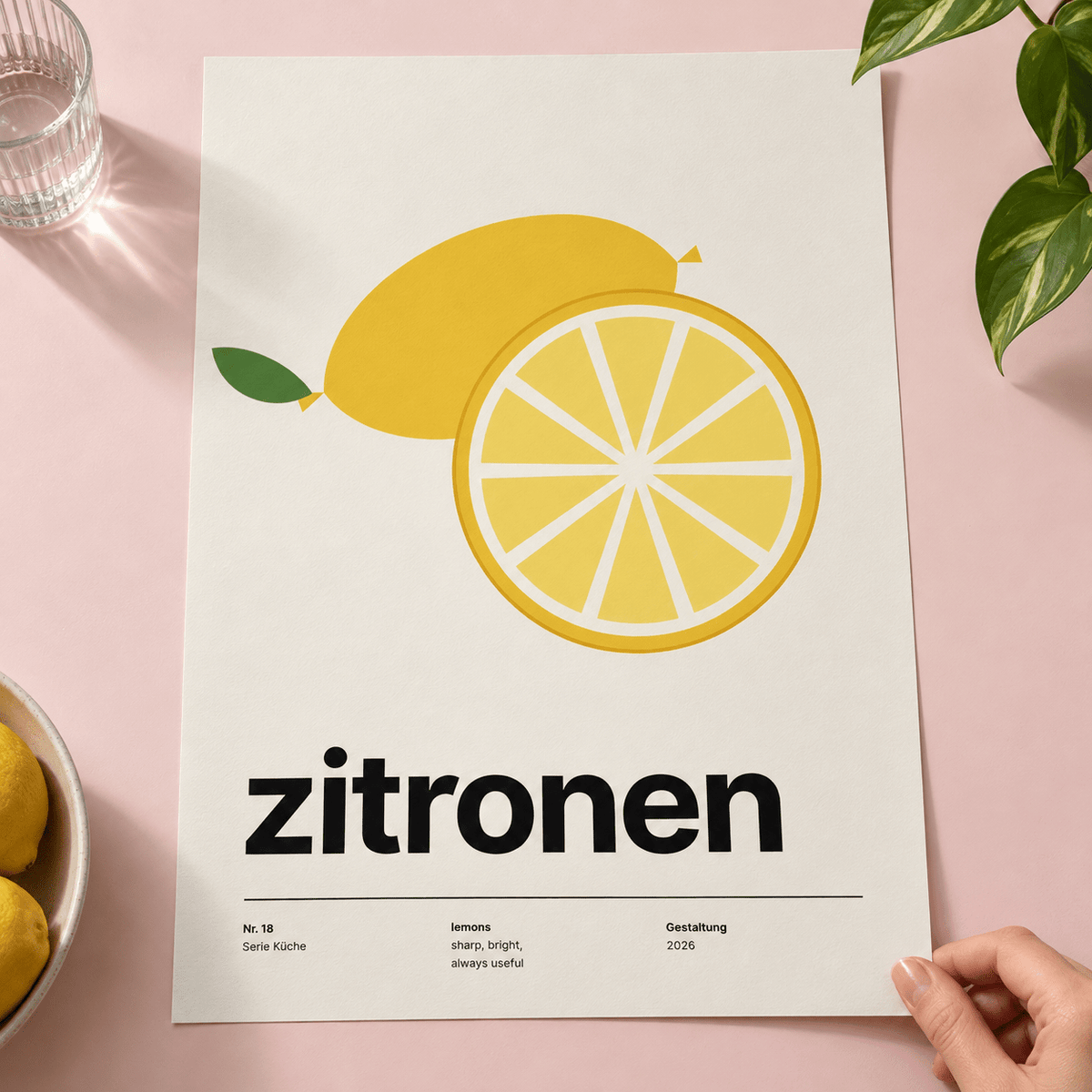 Close view of the Swiss style lemon typography print on smooth matte paper
