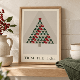 Close view of the red and green quilt tree print styled on a kitchen shelf