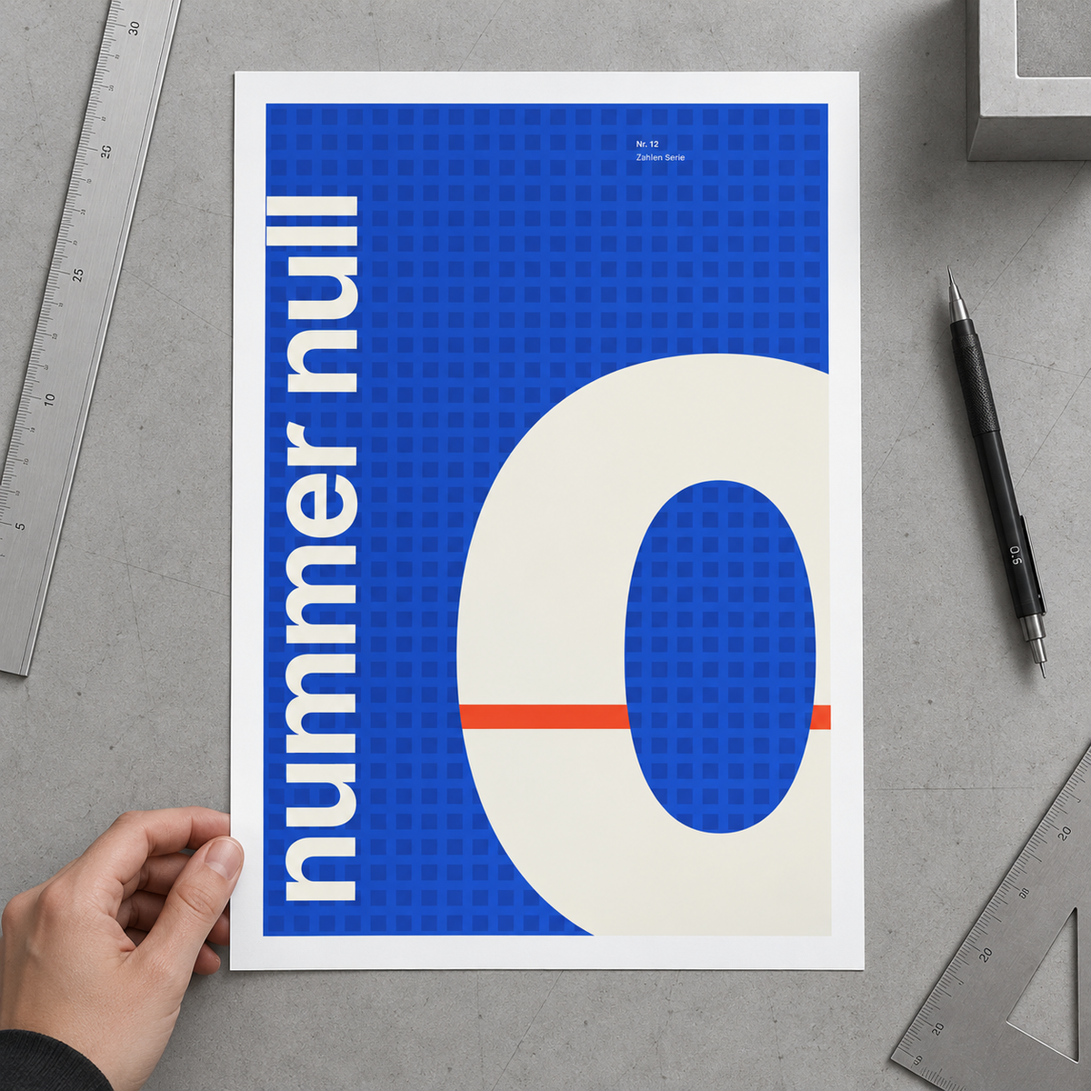 Close view of the Swiss style number poster on smooth matte paper