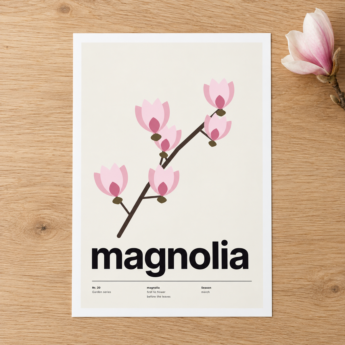 Close view of the Swiss style magnolia print on smooth matte paper