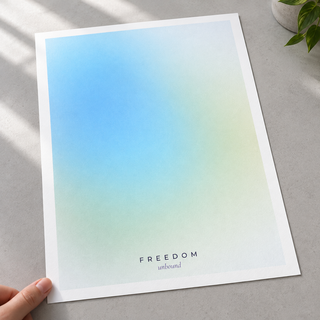 Close view of the soft blue to lime green gradient print on smooth matte paper